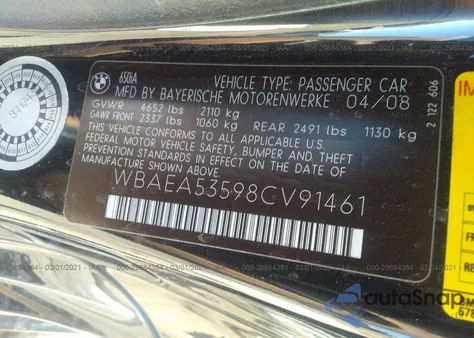 2008 BMW 650I z USA, uszkodzony, nr VIN WBAEA53598CV91461